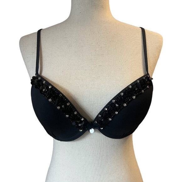 Just Cavalli Black Bikini Top Beaded Rhinestone Lightly Padded Push-up large - Picture 1 of 8